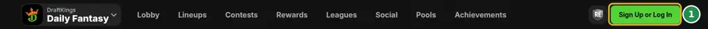 The top bar of DraftKings Fantasy before you have an account, with a green Sign Up or Log In button marked 1.