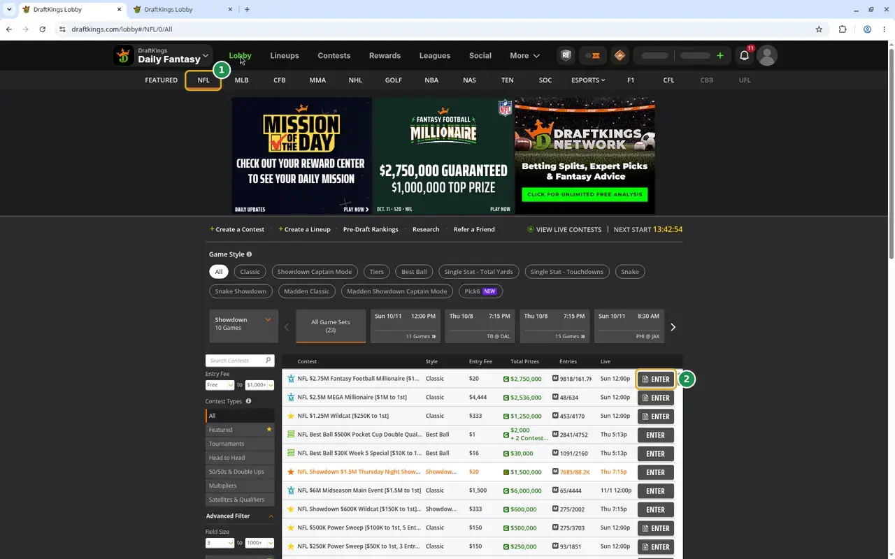 The DraftKings contest lobby with the NFL sport tab marked 1 and an Enter button on a contest row marked 2.