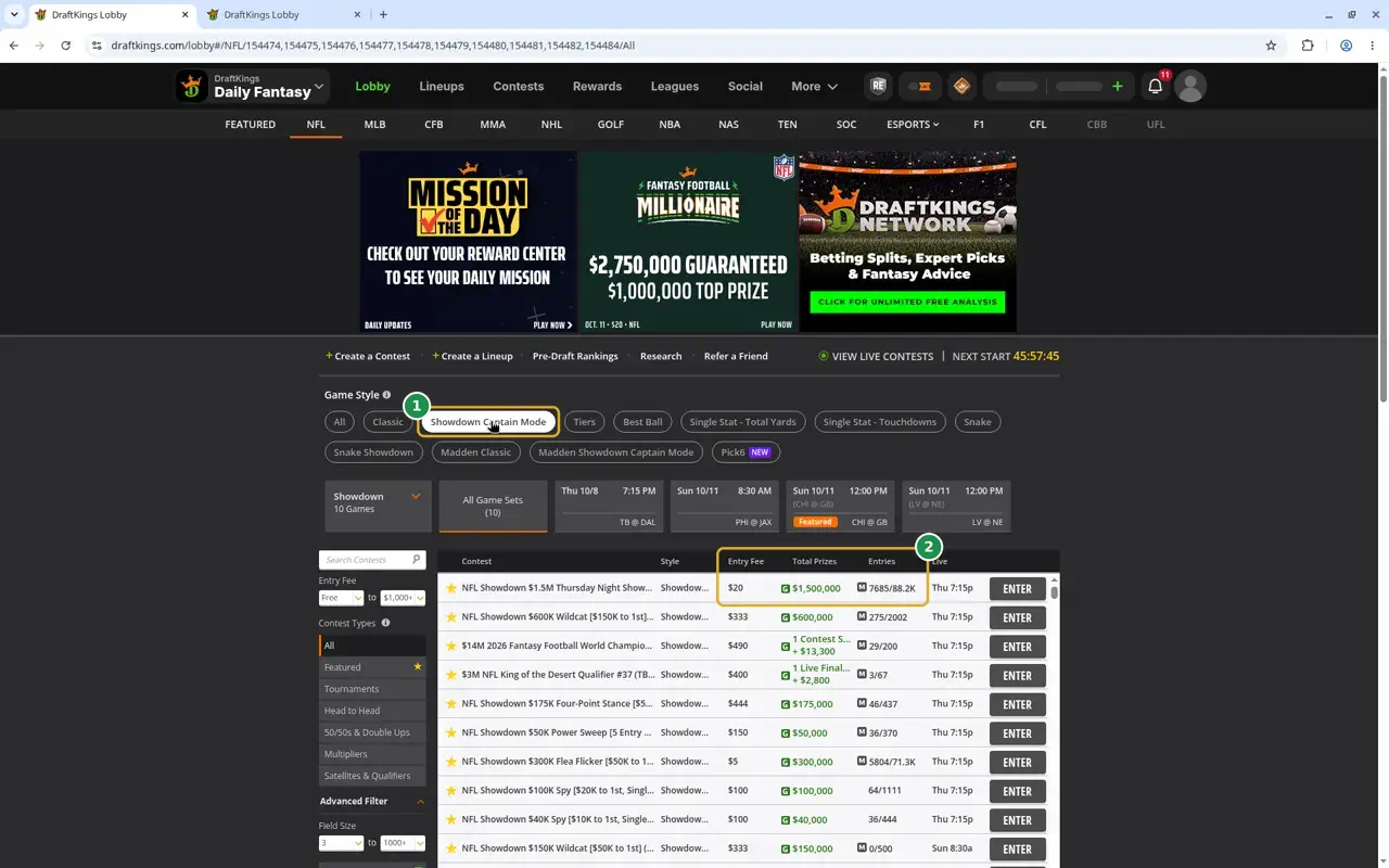 The DraftKings NFL lobby filtered to Showdown Captain Mode, marked 1, with the Entry Fee, Total Prizes, and Entries columns marked 2.