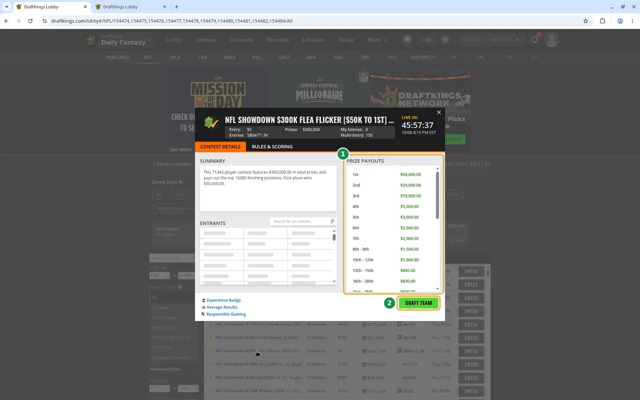 A DraftKings contest details window. Prize Payouts is marked 1 and the Draft Team button is marked 2. Other players’ usernames are hidden.