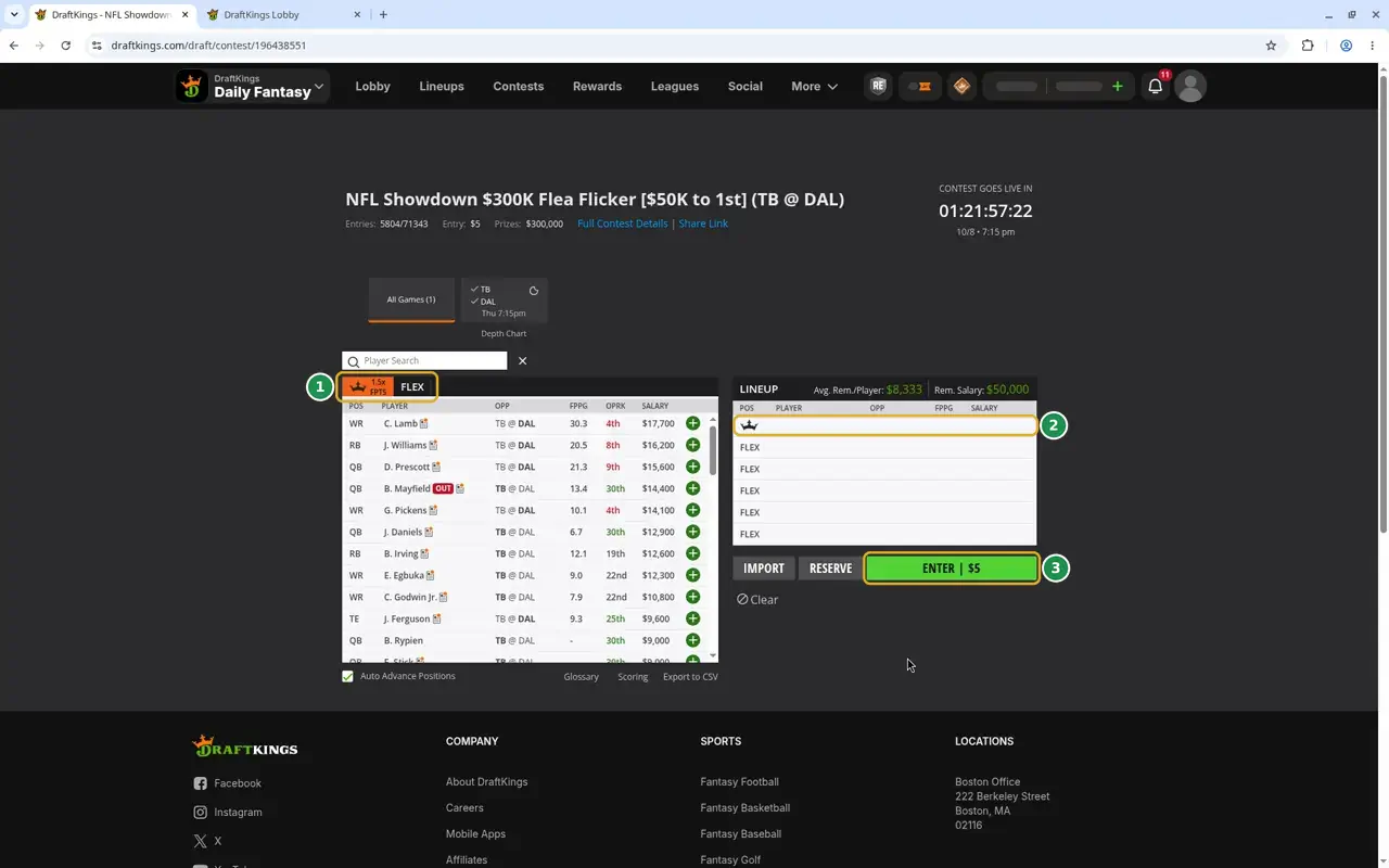 An empty DraftKings single-game draft screen. The Captain and regular-spot tabs are marked 1, the Captain slot is marked 2, and the Enter button is marked 3.