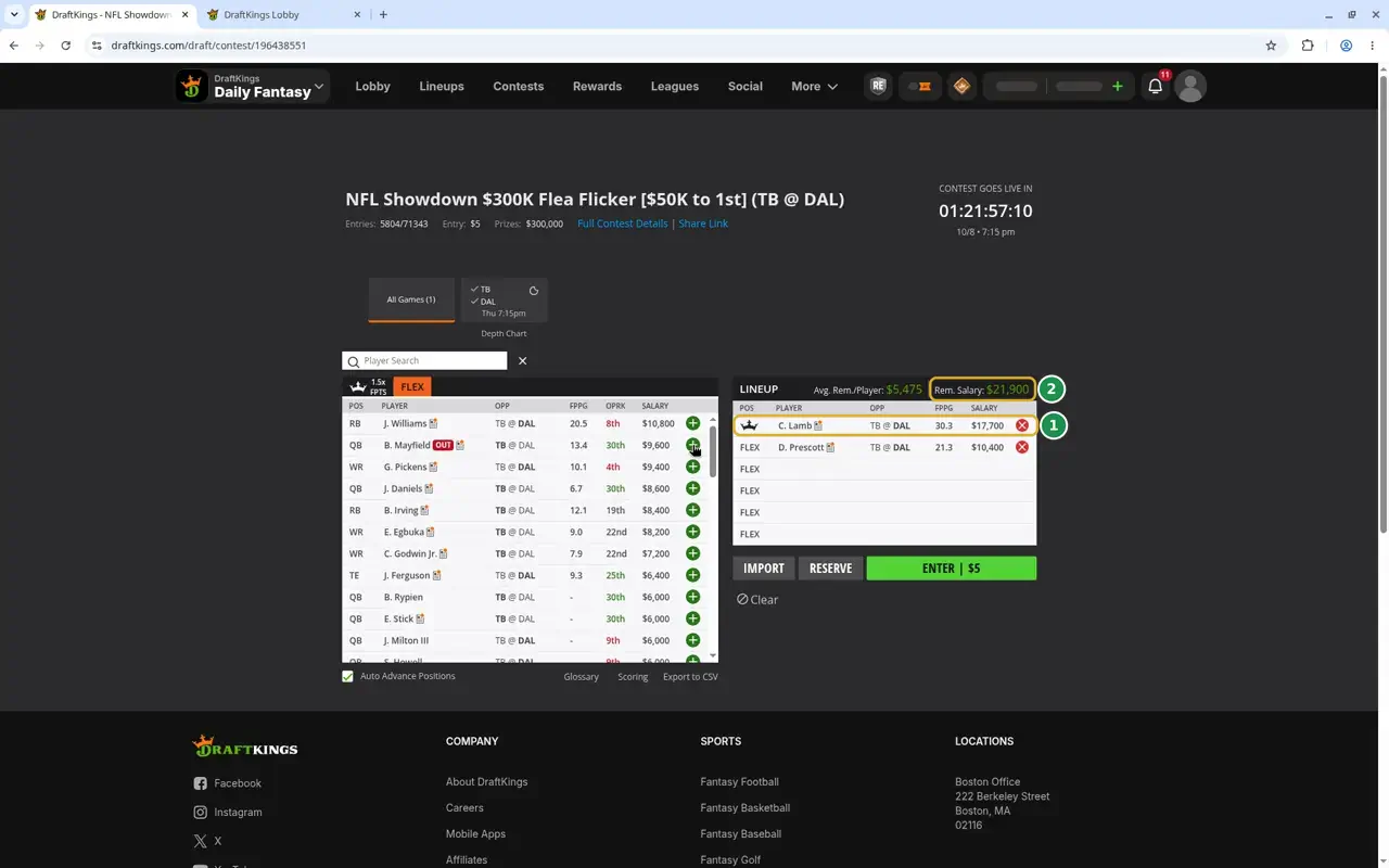 A DraftKings single-game lineup with a Captain added, marked 1, and remaining salary marked 2.