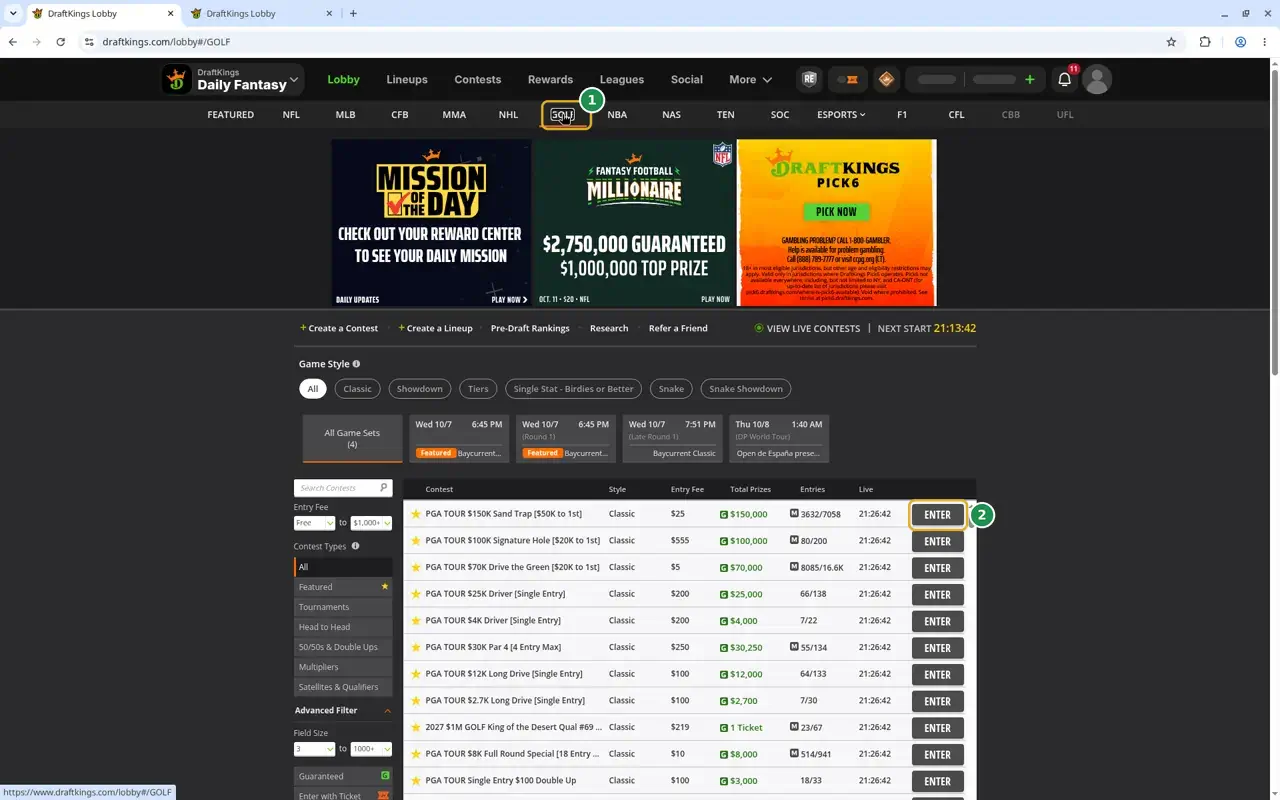 The DraftKings lobby on the Golf tab, marked 1, with an Enter button marked 2.