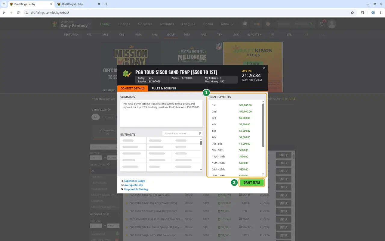 A DraftKings golf contest details window. Prize Payouts is marked 1 and Draft Team is marked 2. Other players’ usernames are hidden.