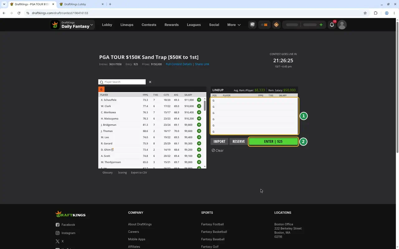 An empty DraftKings golf draft screen with six golfer slots marked 1 and the Enter button marked 2.