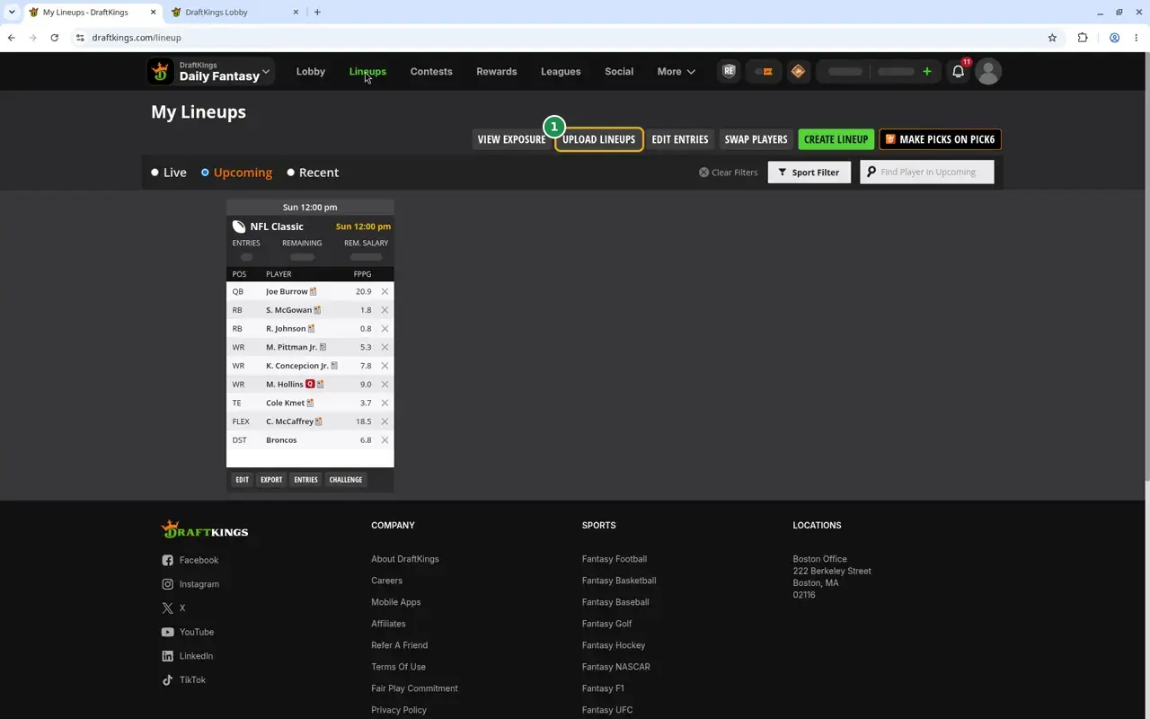 The DraftKings My Lineups page with the Upload Lineups button marked 1. Account details on the lineup card are hidden.