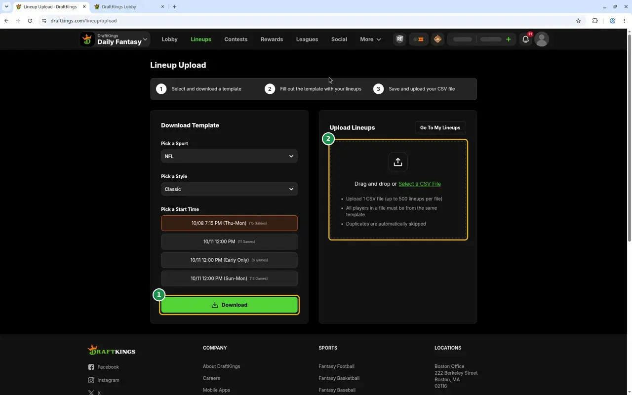 The DraftKings lineup upload screen. Download template is marked 1 and Select a CSV File is marked 2.