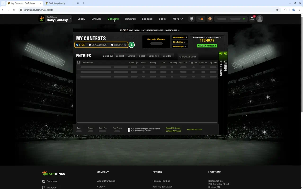 The DraftKings My Contests page with Live, Upcoming, and History tabs marked 1. Personal results are hidden.