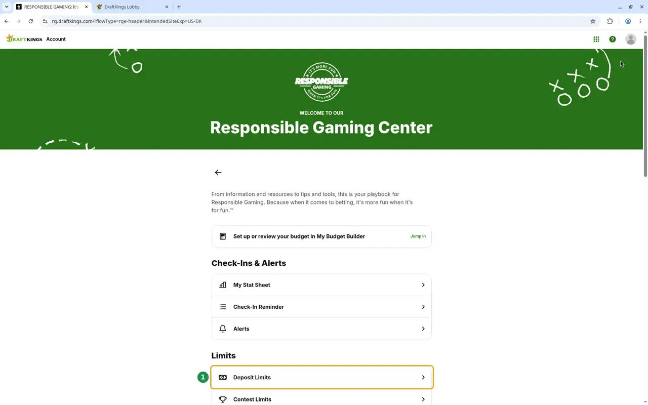 The DraftKings Responsible Gaming Center with Deposit Limits marked 1.