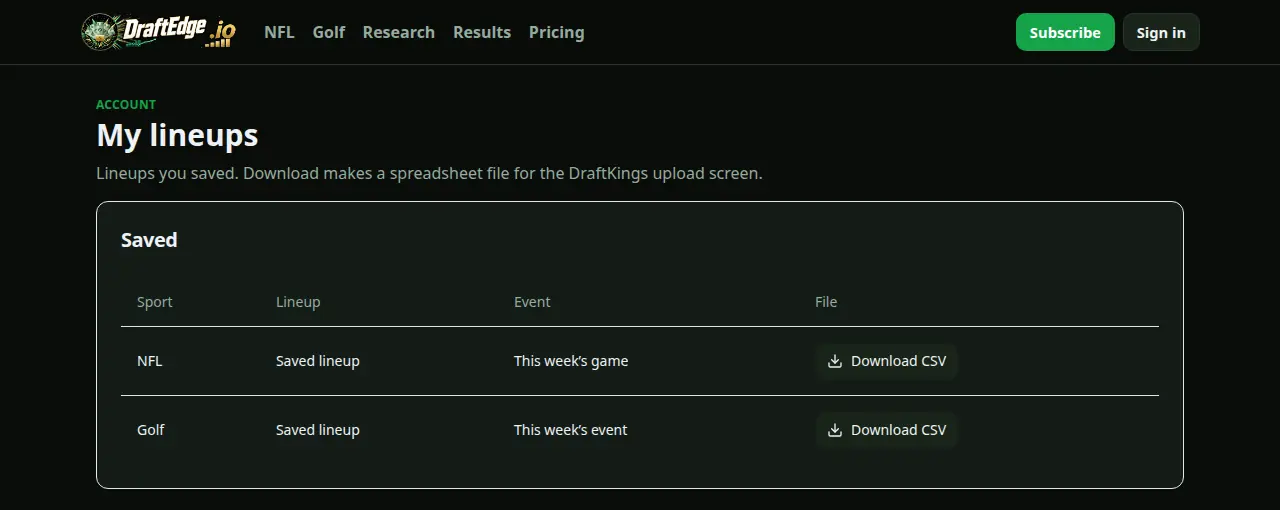 A DraftEdge.io download button for a spreadsheet file. No player names are shown.